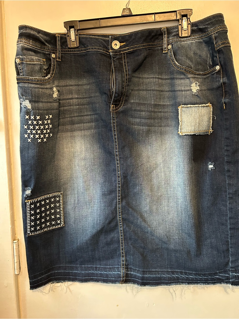 Cato Dark Blue Denim Pencil Skirt with Patchwork